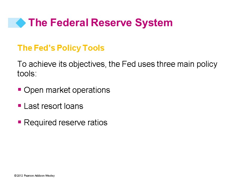 The Fed’s Policy Tools To achieve its objectives, the Fed uses three main policy